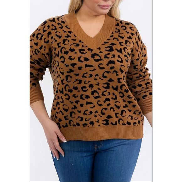 Knox Rose Women’s Brown Black Leopard Print V-Neck Pullover Sweater Size XXL - Picture 1 of 12